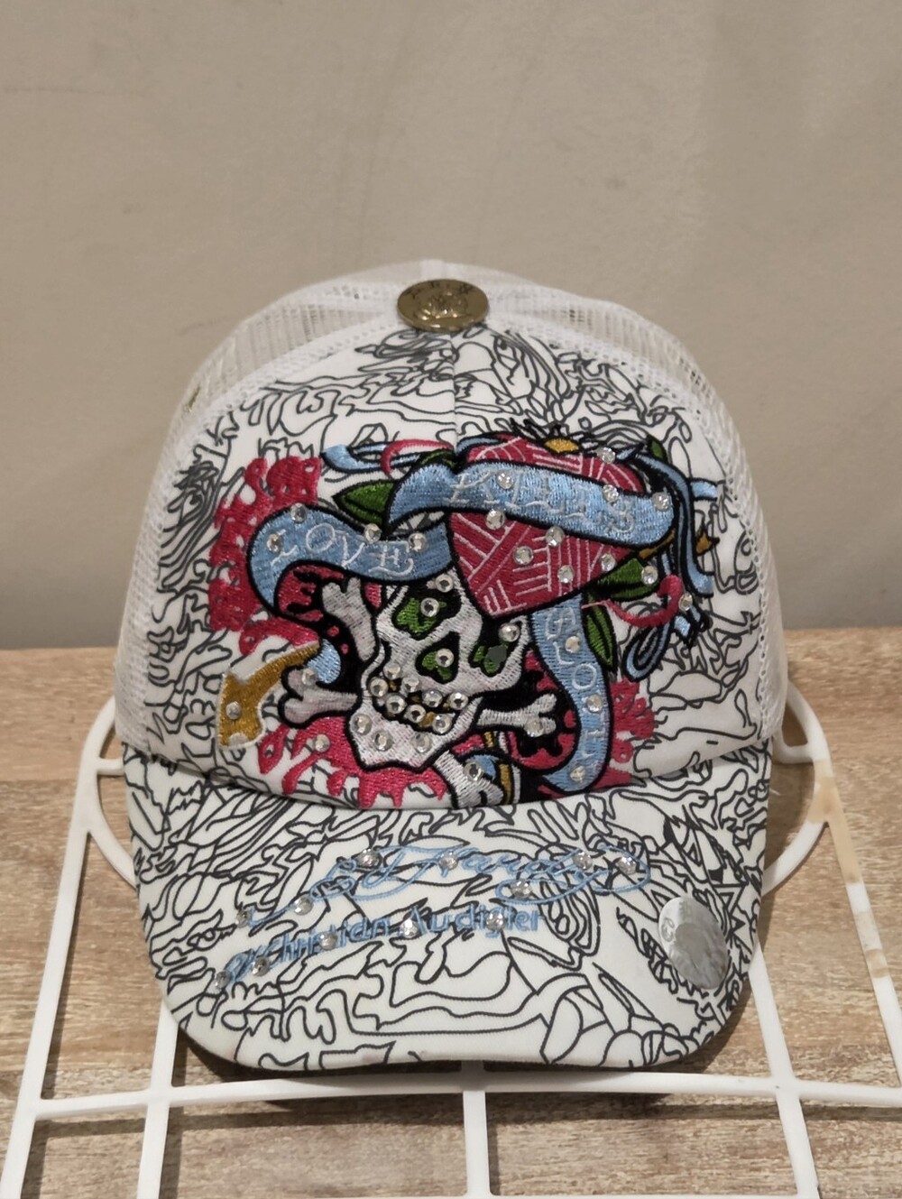 Y2K Don Ed Hardy Love Dies Slowly Snapback Trucker Hat - White - Unisex